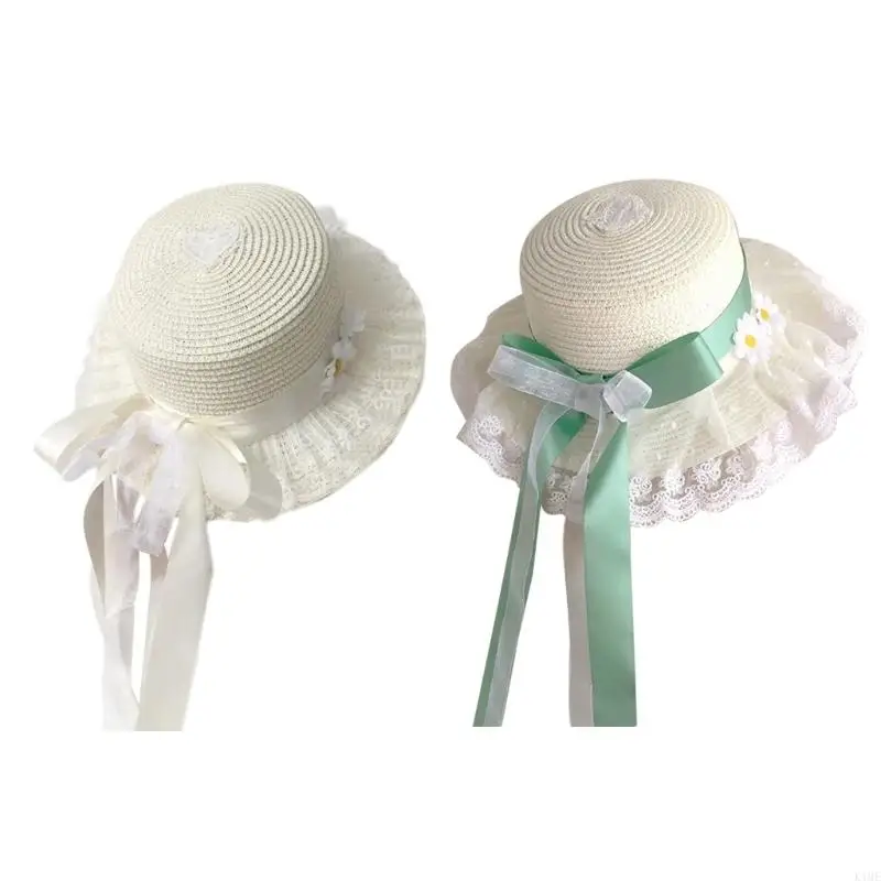 

K1ME Pastoral Lace Straw Hat Classy Bowknot Ribbon for Sun Hat for Summer Beac