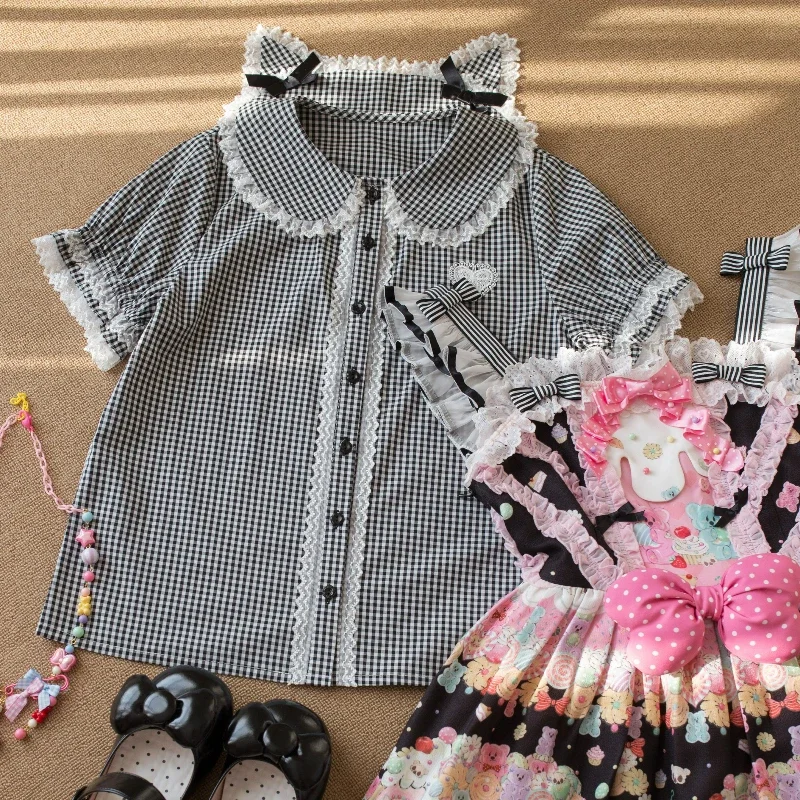 

Japanese Y2k Lolita Cute Plaid Blouses Women Kawaii Peter Pan Collar Bow Female Harajuku Cat Ears Shirts Lace Puff Sleeve Blouse