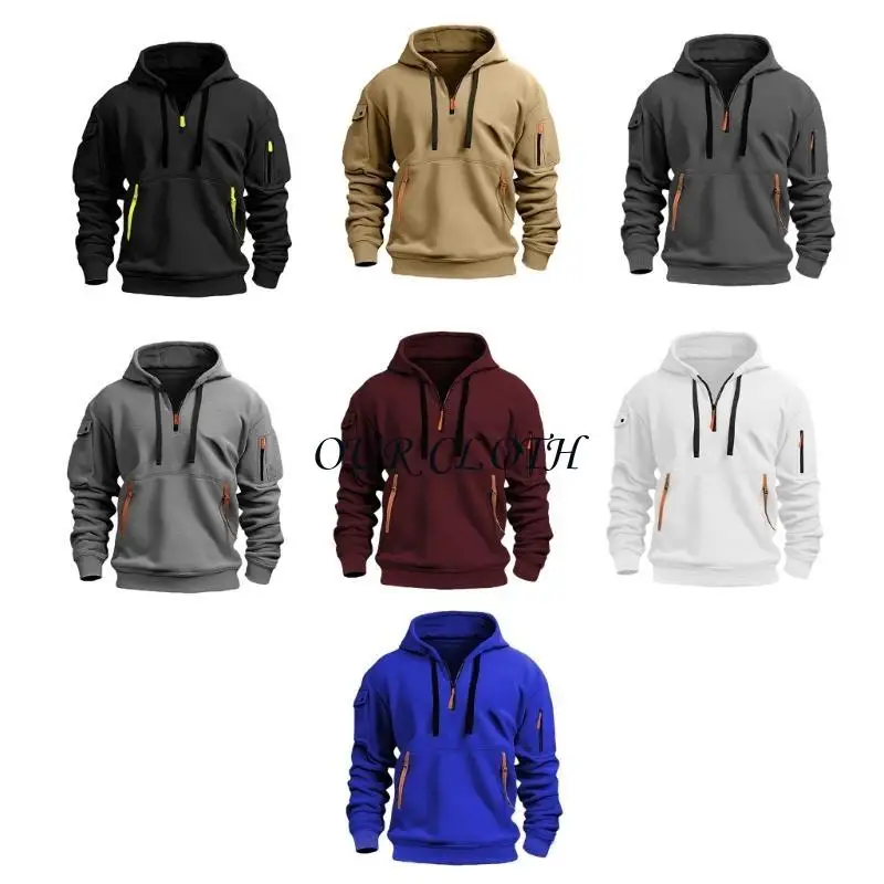 

Мужской флисовый пуловер с капюшоном, толстовка с длинными рукавами на молнии 1/4 и множеством карманов, джемпер большого для