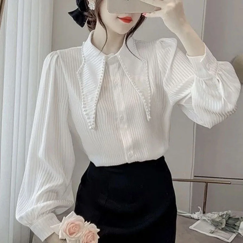 Elegant Lapel Beading Striped Puff Sleeve Shirt Female Clothing 2023 Autumn New Casual Tops Loose Office Lady Blouse