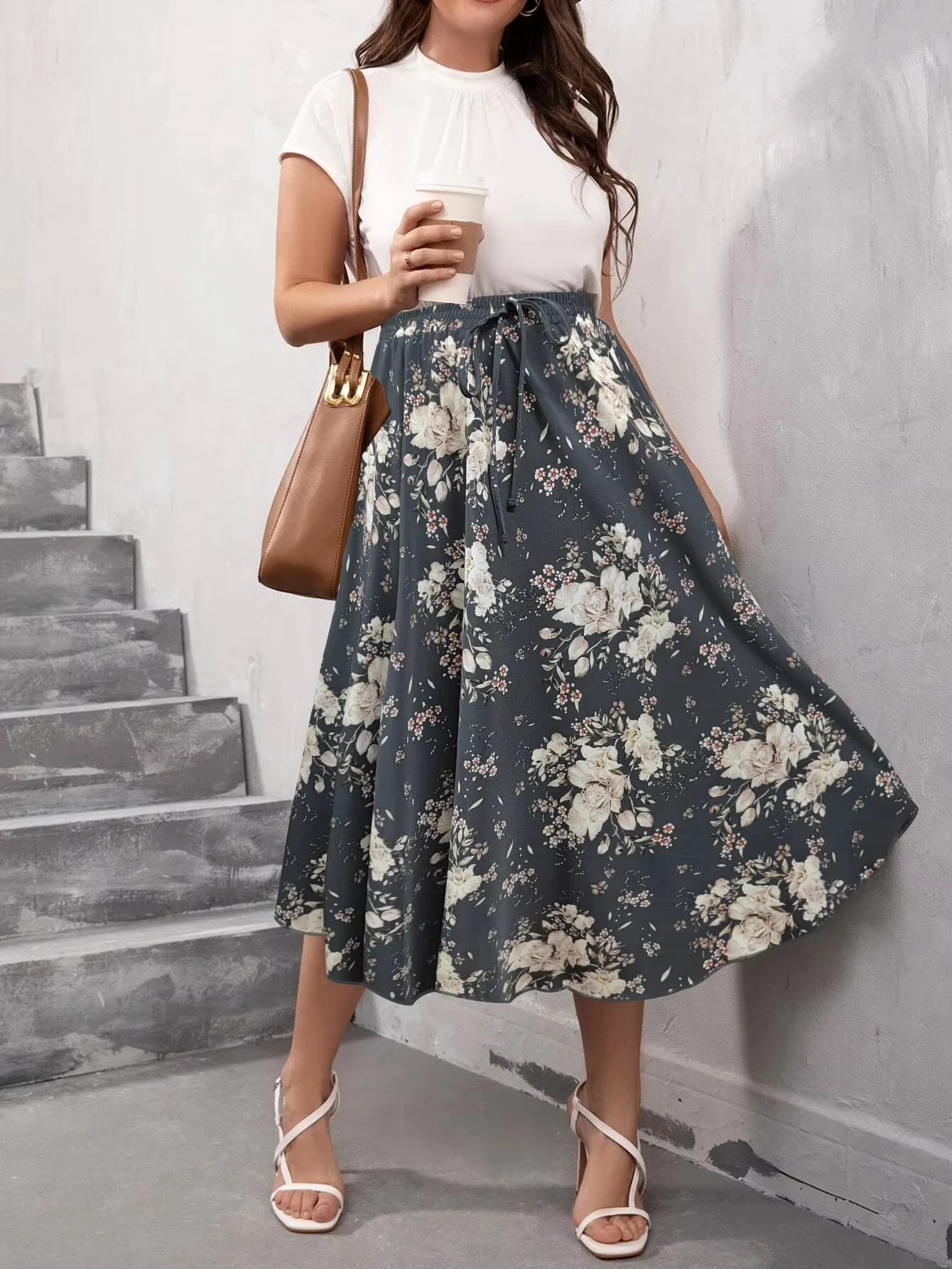 Women's Plus Size Dark Grey White Rose Floral Midi Skirt, Drawstring Elastic High Waist A Line Flowy Casual Vacation Swing Skirt