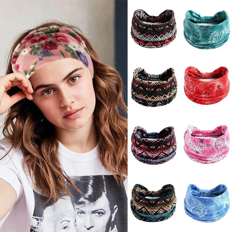 2024 New Bohemian Flower Print Wide Headband retro Knot Elastic Headwrap Turban For Women Girls soft Bandanas Hair Accessories