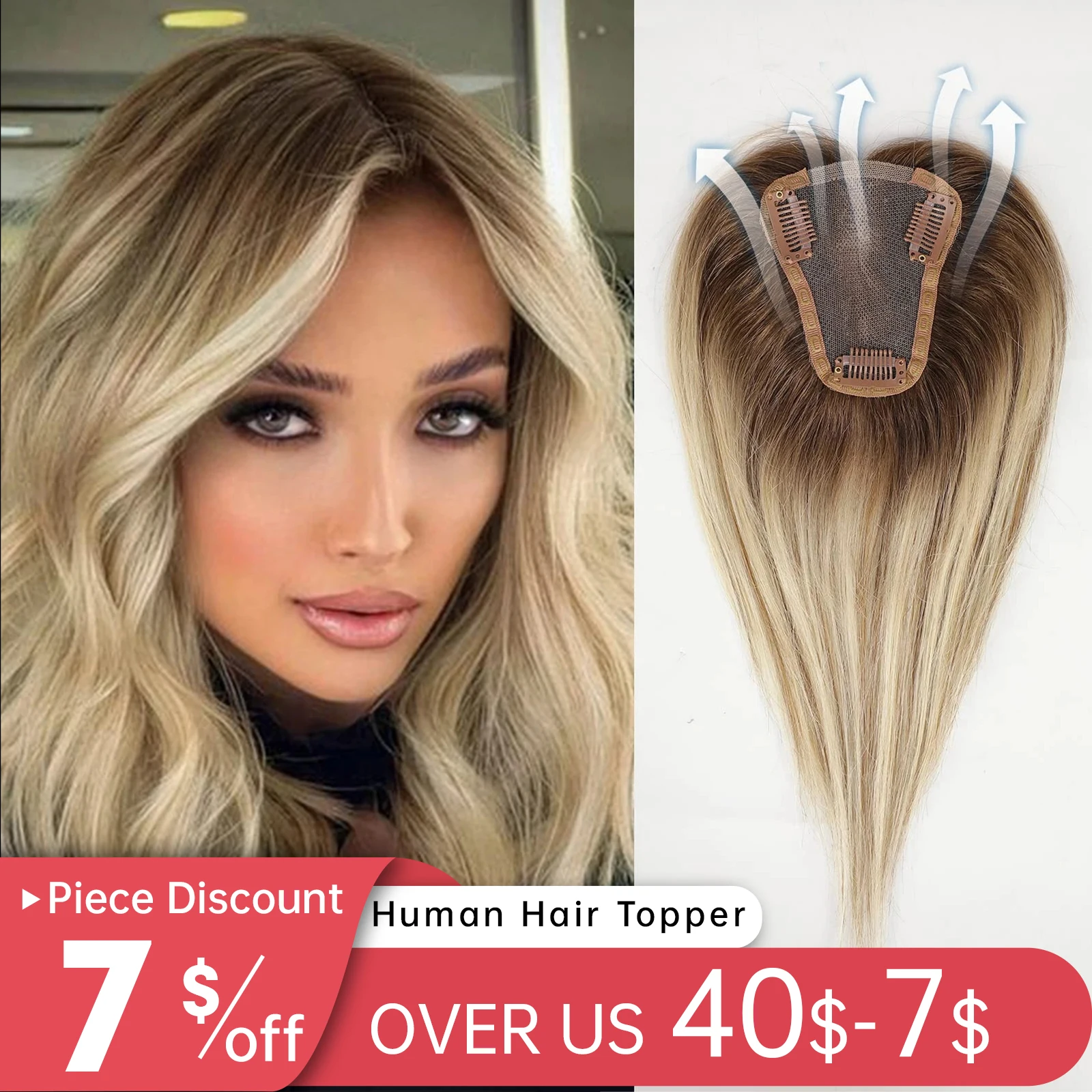 

Women Human Hair Toppers Middle Part Ombre Light Brown Blonde Human Toupee Hair Pieces with Thinning Hair Base Clip in Toppers