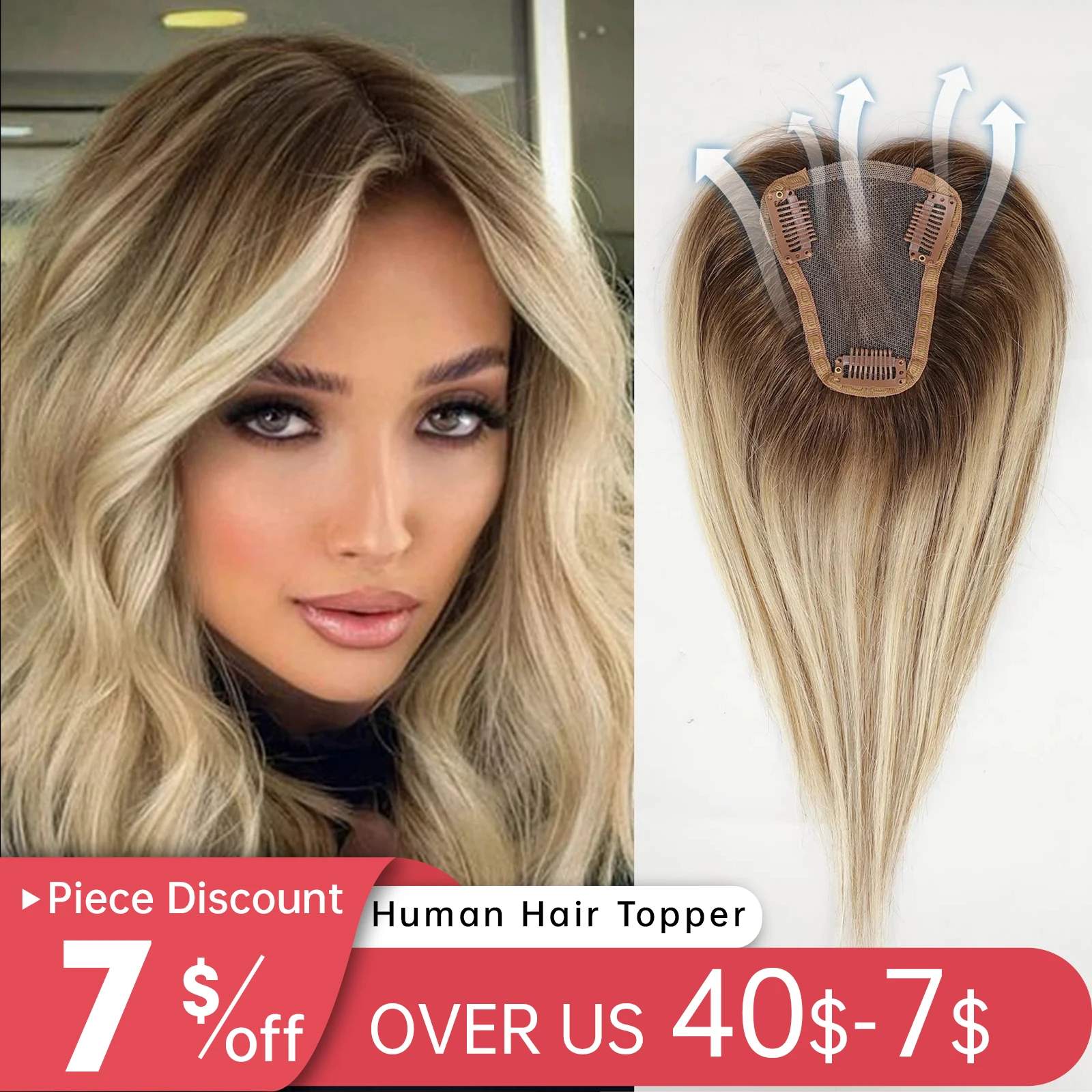 Women Human Hair Toppers Middle Part Ombre Light Brown Blonde Human Toupee Hair Pieces with Thinning Hair Base Clip in Toppers