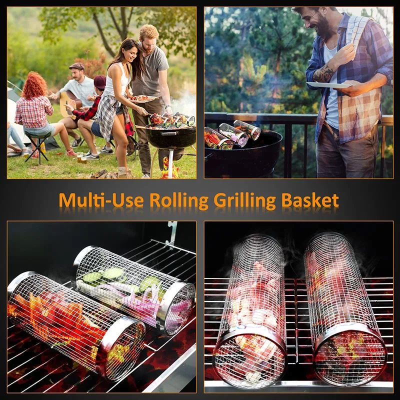 Stainless Barbecue Rolling Grilling Basket Rack Cooking Grill Grate Outdoor Round BBQ Campfire Grid Family Travel Camping Picnic