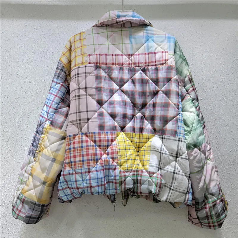 DEAT Płaszcz damski Patchwork Plaid Contrast Color Printed Cotton-padded Grube kurtki casual 2024 Winter New Fashion 29L9075