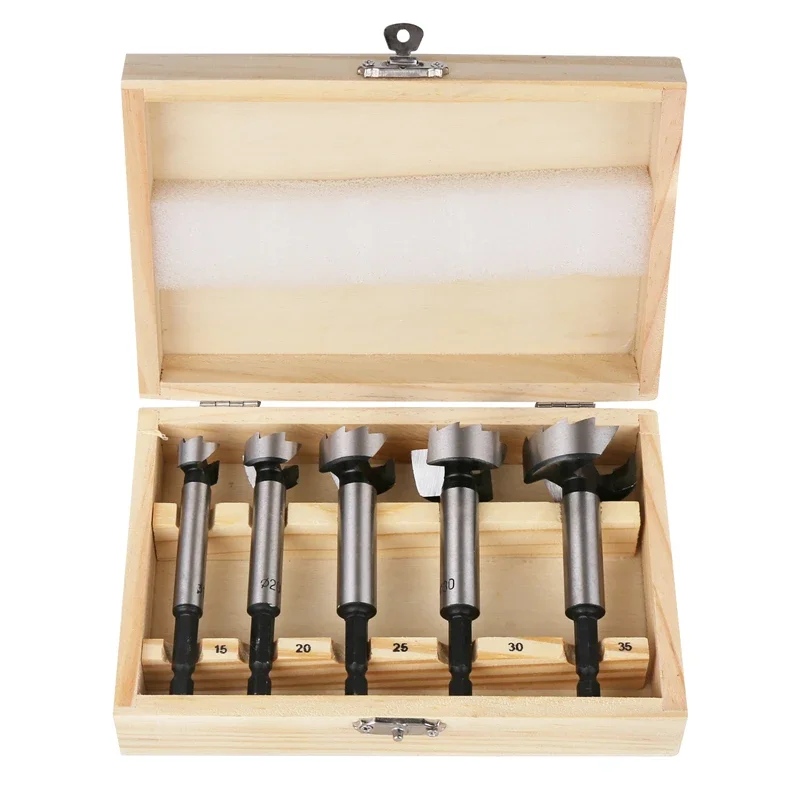 

5PCS/Set 15/20/25/30/35mm 6.35mm Hex Shank Forstner Boring Drill Bits Kit Woodworking Self Centering Hole Saw Cutter Tools