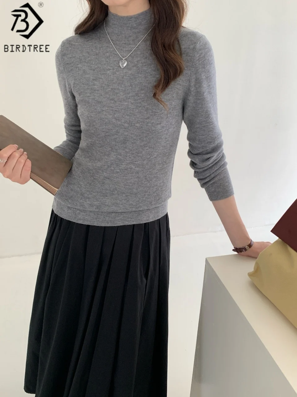 

Birdtree 100% Sheep Wool Elegant Base Sweater, Woman Autumn Half High Collar Full Sleeve Solid Color Elastic Knit Tops T58121JF