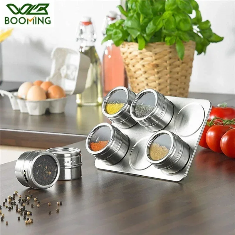 Seasoning Jar Magnetic Visible Stainless Steel Seasoning Storage Box 6pcs and 9pcs Outdoor Barbecue Kitchen Supplies