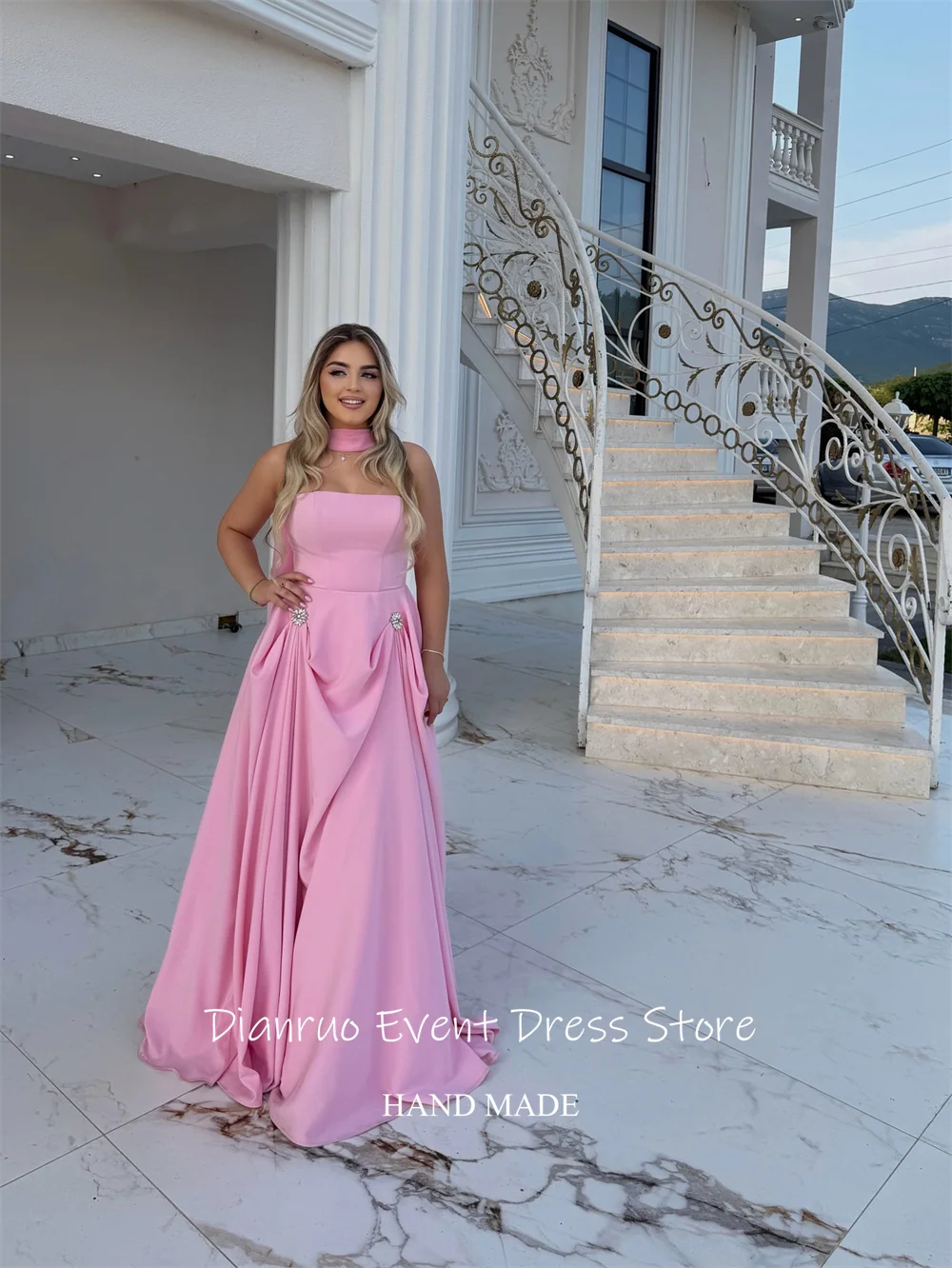 Dianruo – robe De soirée trapèze en Satin, longueur au sol, sans bretelles, robes d'invitées De mariage, rubans chics, personnalisée