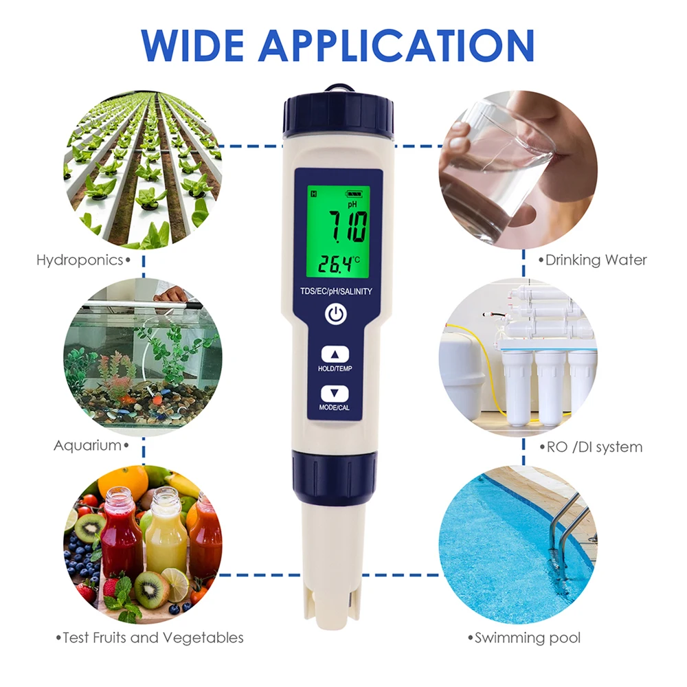 5 IN 1 PH Temperature TDS EC Salinity Meter Digital Waterproof With Automatic Calibration Function Water Quality PH Tester