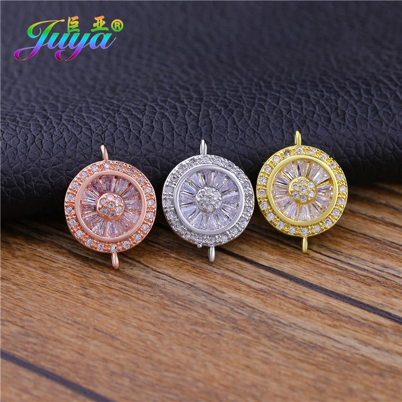 

Juya Handmade Cubic Zirconia 2 Loops Round Charm Connectors Accessories For DIY Fashion Bracelet Earring Necklace Jewelry Making