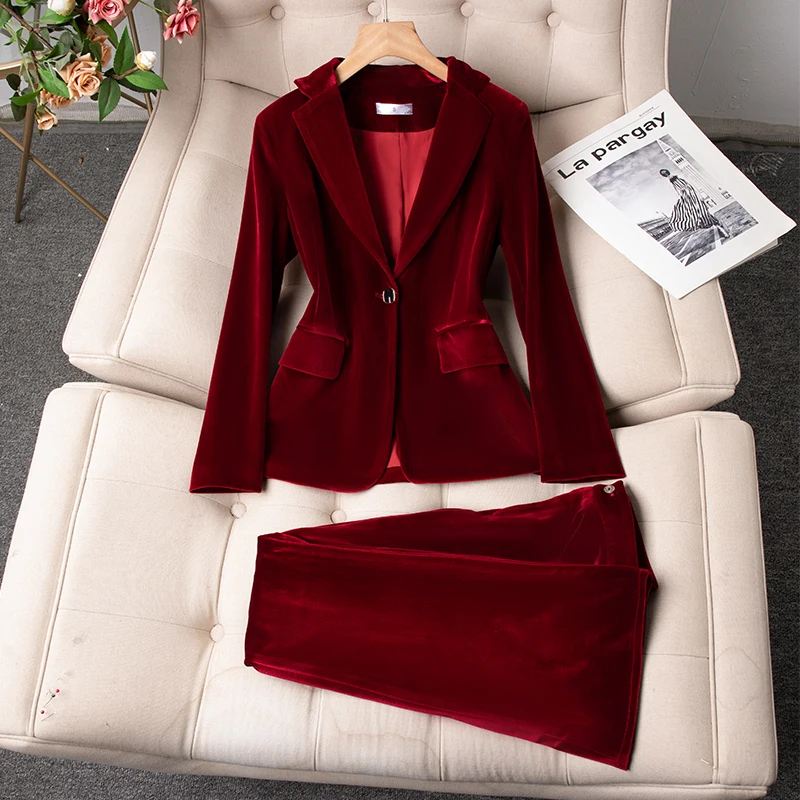 ZJYT Autumn Winter Velvet Jacket Pant Sets Two Pieces Womens Outfit Elegant Ladies One Button Blazer Suit Trousers Office Work