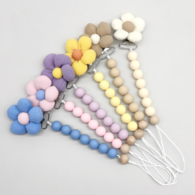 New Baby Product Flower Pacifier Clip For Baby Comfort Silicone Bead String Wooden Bead Pacifier Chain Anti Drop Hanging Rope