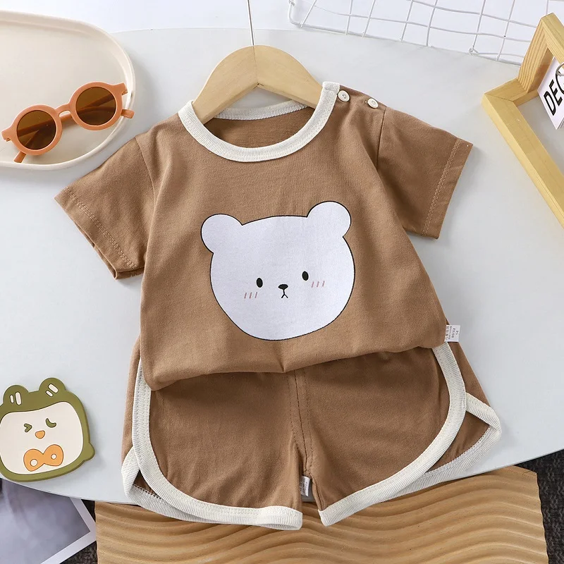 New summer baby clothes 0-4 years old boy cartoon bear T-shirt shorts pink cute cotton girl short-sleeved top suit