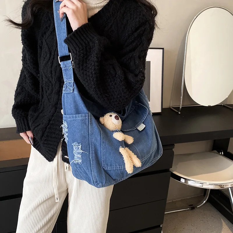 Cartoon Bear Washed Denim Postman Bag Forest Cute Commuting Shoulder Bag Fashionable Large Capacity Crossbody Tote Bag