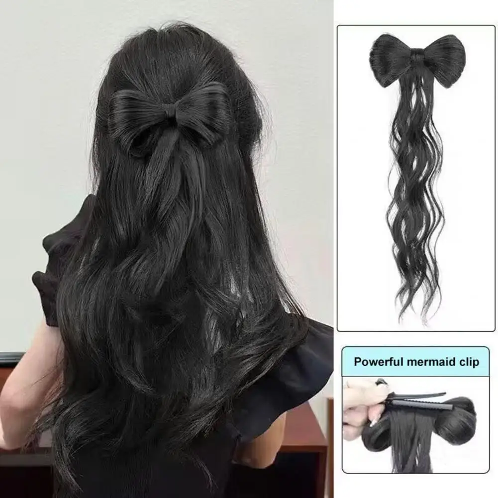 35cm Women Wig Bow-knot Half-tie High Ponytail Wig Clip Hair Bag Curly Black Natural Look Anti-slip Hair Extension Fake Ponytail