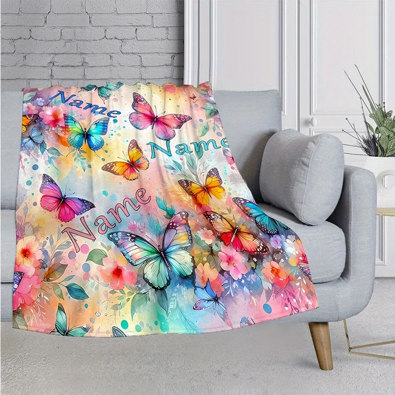

Customized name butterfly flower flannel blanket, suitable for all seasons, perfect for nap camping trips, Halloween gift