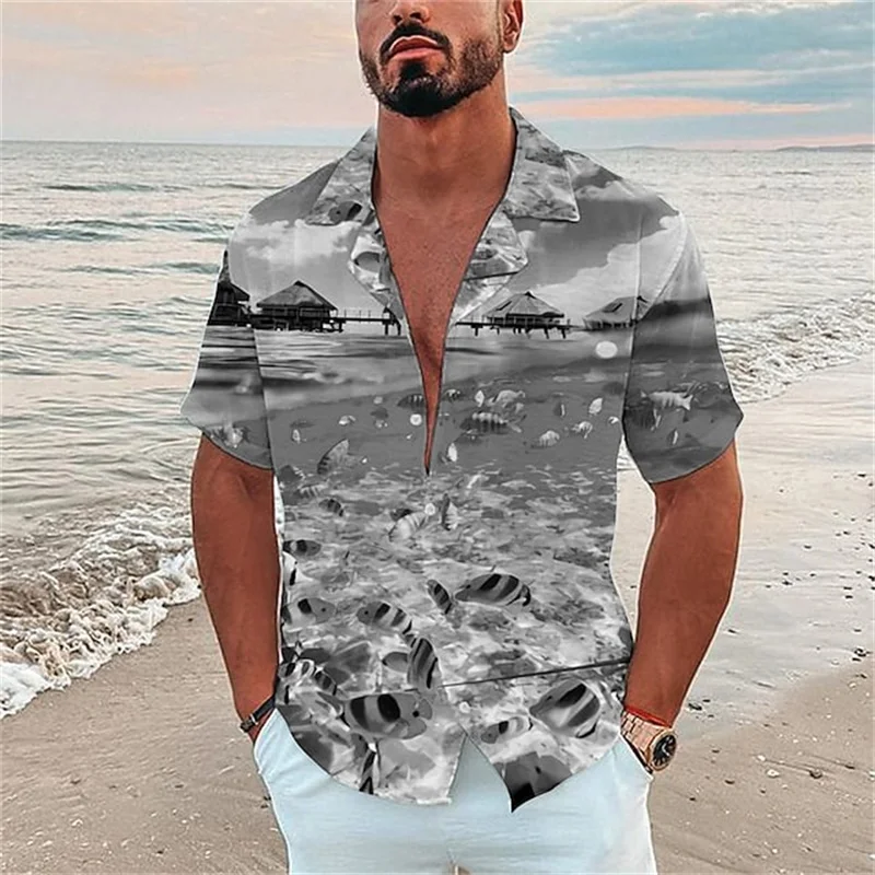 Men\'s Hawaiian Fish Print Shirts Men\'s Ocean Element Shirt Beach Vacation Casual Shirts Summer Breathable Short Sleeve Shirts