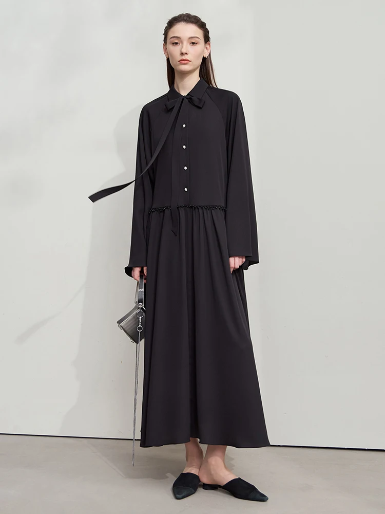 AMII فساتين نسائية 2025 خريف جديد فضفاض أنيق ملابس السيدات كم طويل عادية ألف خط الشيفون الدانتيل متابعة فساتين طويلة12553053