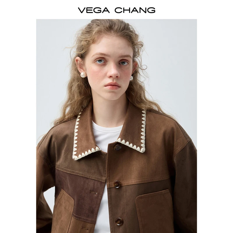 Vega Chang Spring and Autumn New Women's Patchwork Faux Suede Versatile Short Jacket