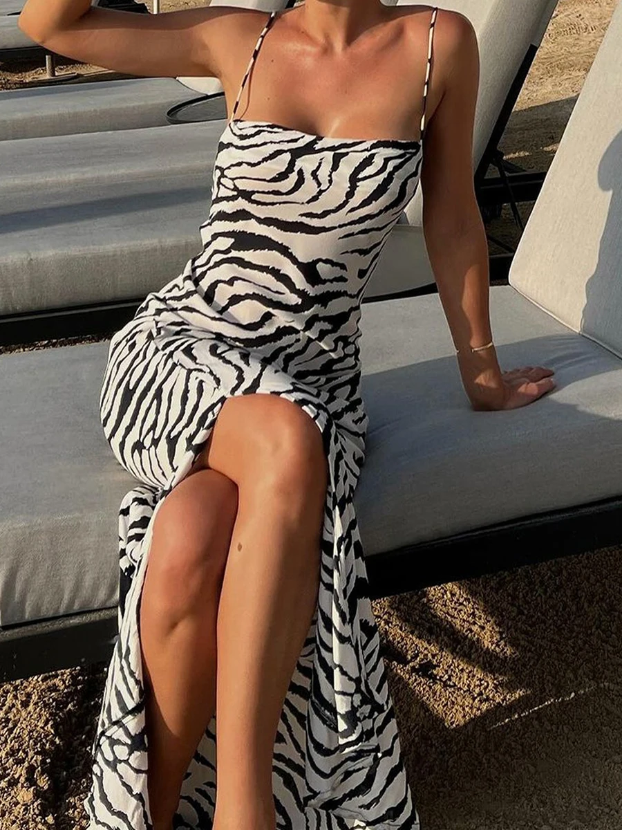Abito da donna con stampa zebrata di nuova moda, senza maniche, con cravatta, senza schienale, aderente, abito lungo, abito da spiaggia estivo SML