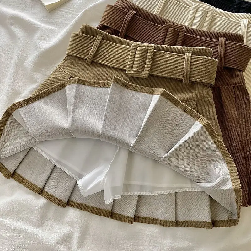 Jupe plissée en velours côtelé pour femmes, nouvelle collection automne et hiver, taille haute, amincissante, demi-jupe polyvalente, ceinture, jupe courte trapèze