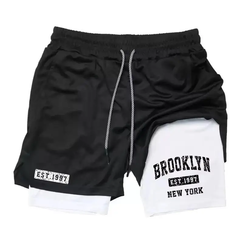 

NOUVEAUX hommes été respirant maille Shorts 2 en 1 imprimé séchage rapide Double pont Shorts Gym basket-ball course shorts