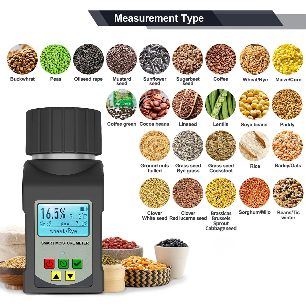 25 Kinds Grains Humidity Tester Smart Grain Moisture Meter For or Wheat Bean Peanut Professional Seed Moisture Detector