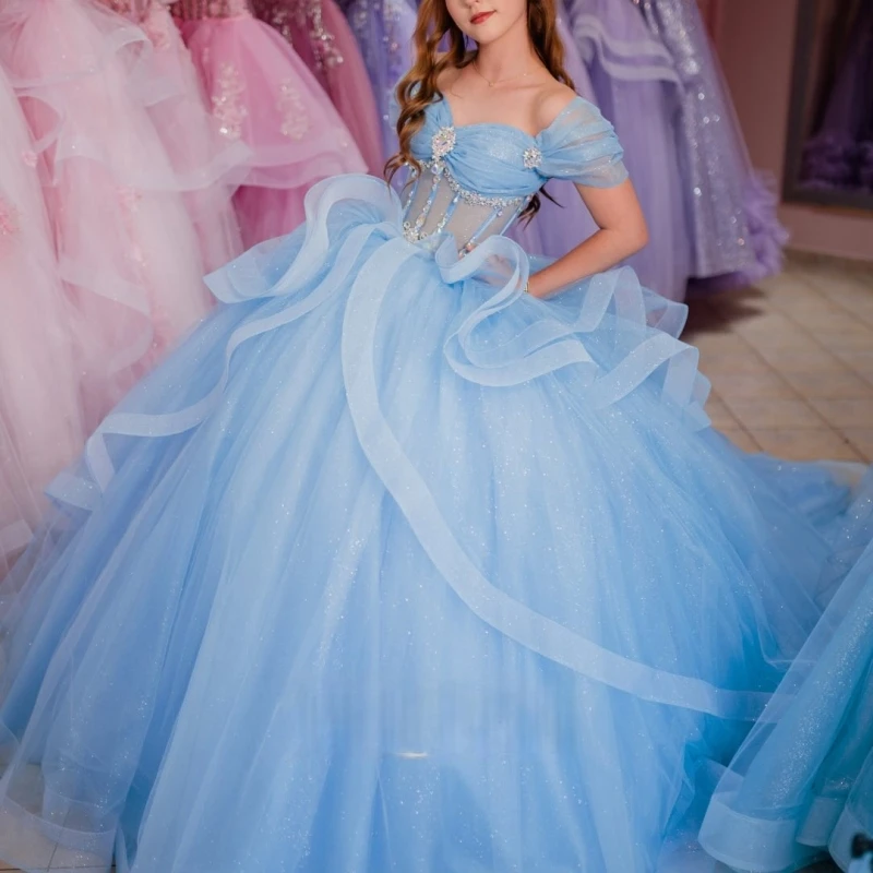 

Sky Blue Shiny Quinceanera Dresses Ball Gown Off The Shoulder Beading Crystal Tull Corset Party Birthday Sweet 16 Dres Vestidos