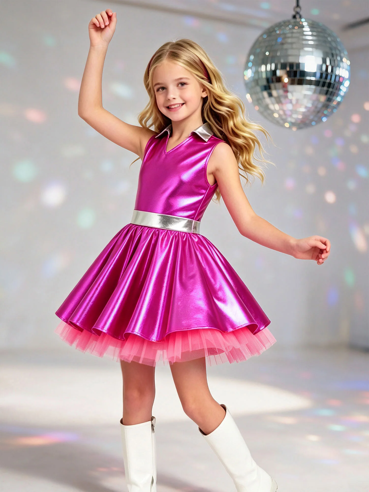Vestido de Fiesta Retro con Tutú Disco para Niñas, Vestidos para Actuaciones en Escenario, Vestidos de Jazz, Danza Urbana, Disfraces Hippies, Vestido Metálico Vintage