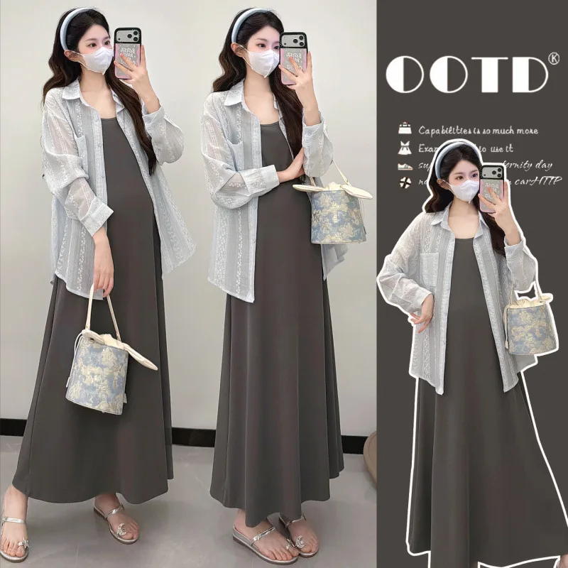 Maternity Suit Summer Casual Minimalist Breathable Sleeveless Dress And Sheer Cardigan Two Piece Set For Pregnant Women