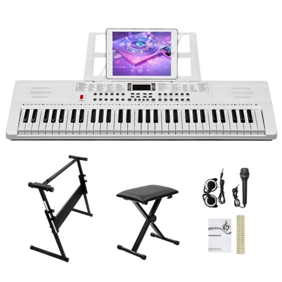 [No se vende] Teclado de iluminación GEP110 de 61 teclas con soporte para piano Banco de piano Altavoces integrados Teléfono Micrófono Reposapiés LED