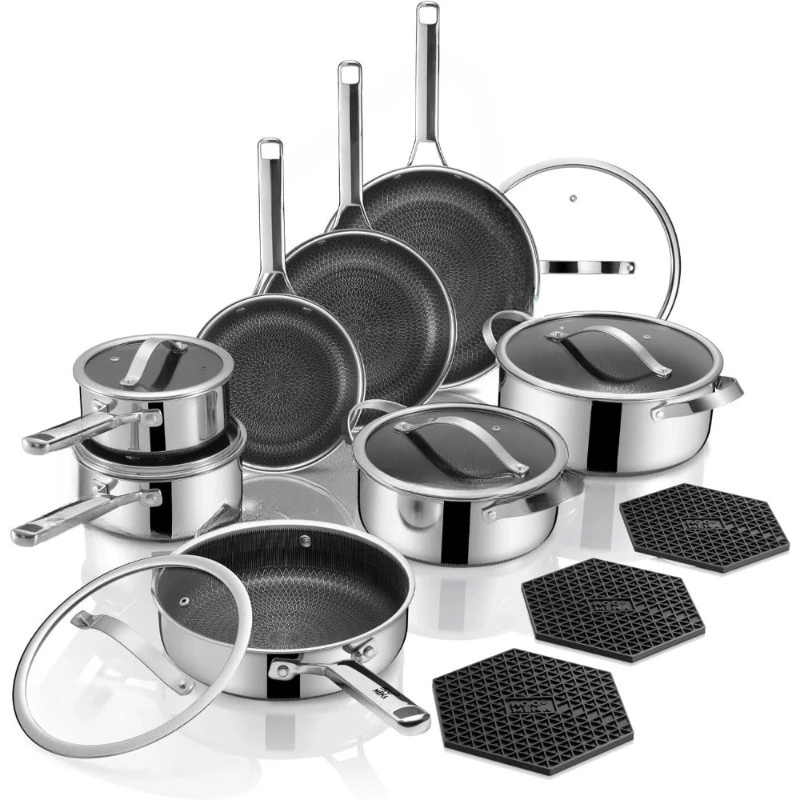 

Steel 17PC Nonstick Cookware Set Frying Pan Dishwasher Oven Safe PFOA Free Metal Utensil Safe All