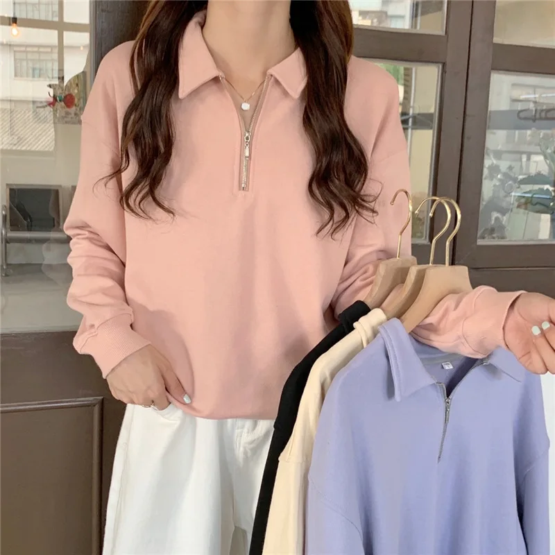 Women Retro Zipper Sweatshirts Spring Autumn Korean Fashion Female Polo Collar Hoodies Solid Color Ladies Harajuku Pullover Tops