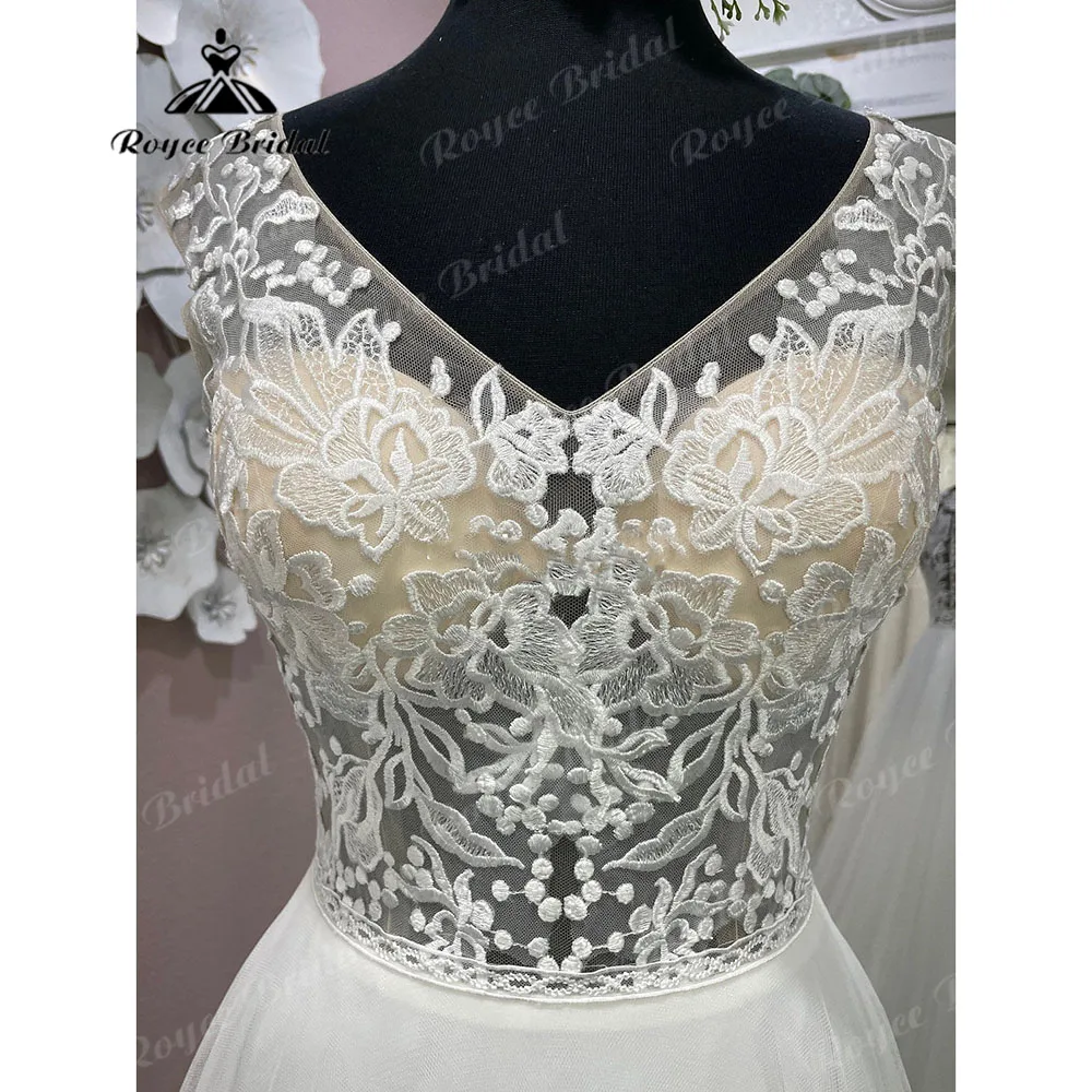 A Line Beach Lace Appliques Women Bridal V Neck Boho Wedding Gown with Cap Sleeve Illusion 2023 Wedding Dress robe mariage femme