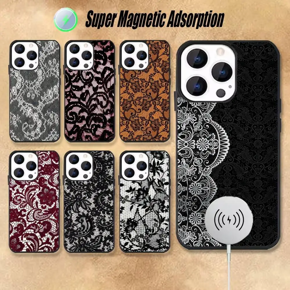 

Vintage Lace For iPhone 17,16,15,14,13,12,11,Pro,Max,Plus,Mini,SE Magnetic Wireless Charging Black Phone Case