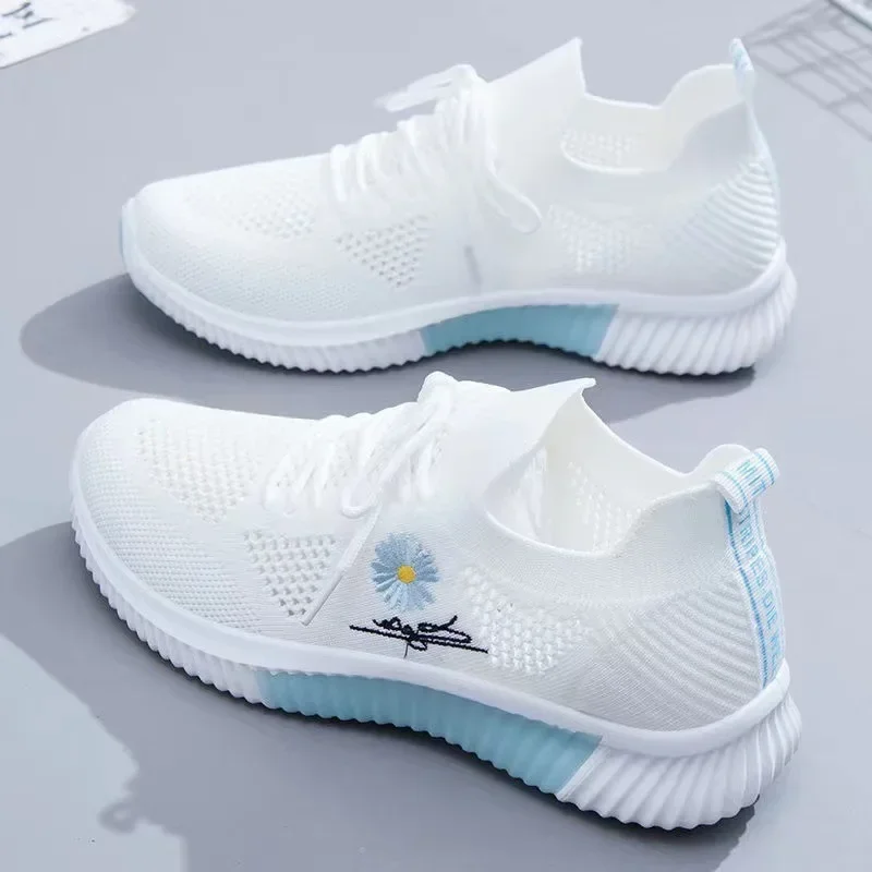 Summer Ladies Knitted Sneakers Fashion Simple Lace-up Running Shoes Mesh Breathable Casual Female Students