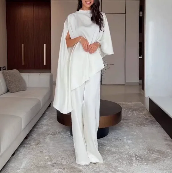 

Two Piece Set Women Outfit 2026 Spring Autumn New Solid Color Satin Irregular Hem Shawl Top & High Waist Wide Leg Pants Set