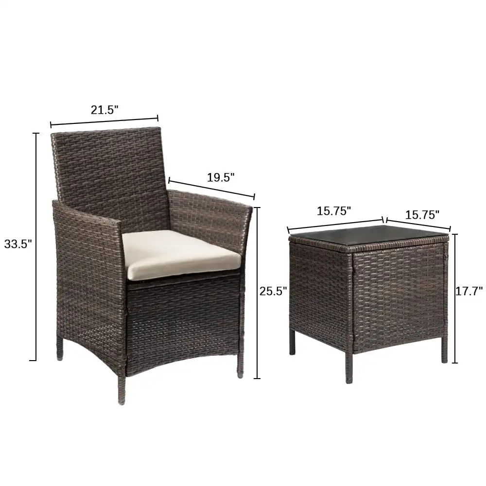 3 Pieces Outdoor Patio Furniture PE Rattan Wicker Table and Chairs Set Bar Set with Cushioned Tempered Glass, Brown/Beige, 2 image 4