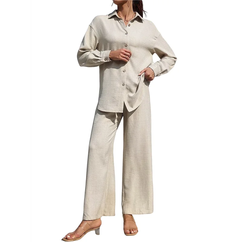 

【Party-Decoration】Women's Summer Long Suit Two-Piece Shirt Top Trousers Casual Beach Vacation Two-Piece Sportswear