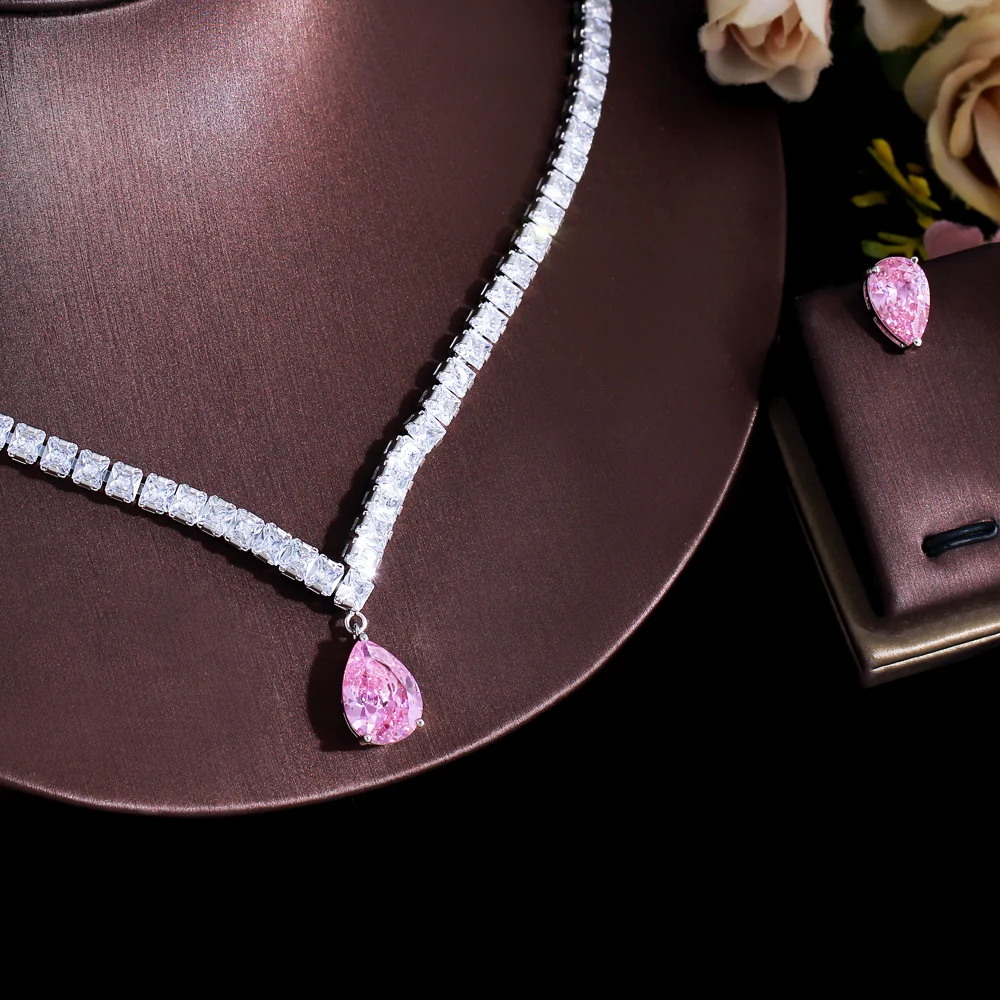 CWWZircons Elegant Shiny Pink Cubic Zirconia Water Drop Wedding Engagement Party Necklace Bridal Jewelry Sets Accessories T729