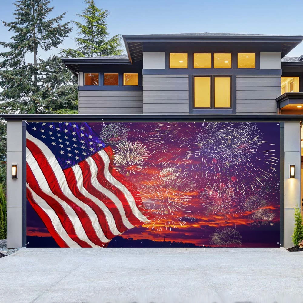 USA New Year Fireworks Statue of Liberty Garage Door Banner Large Decoration 2025 New Year Yard Garden Background American Flag