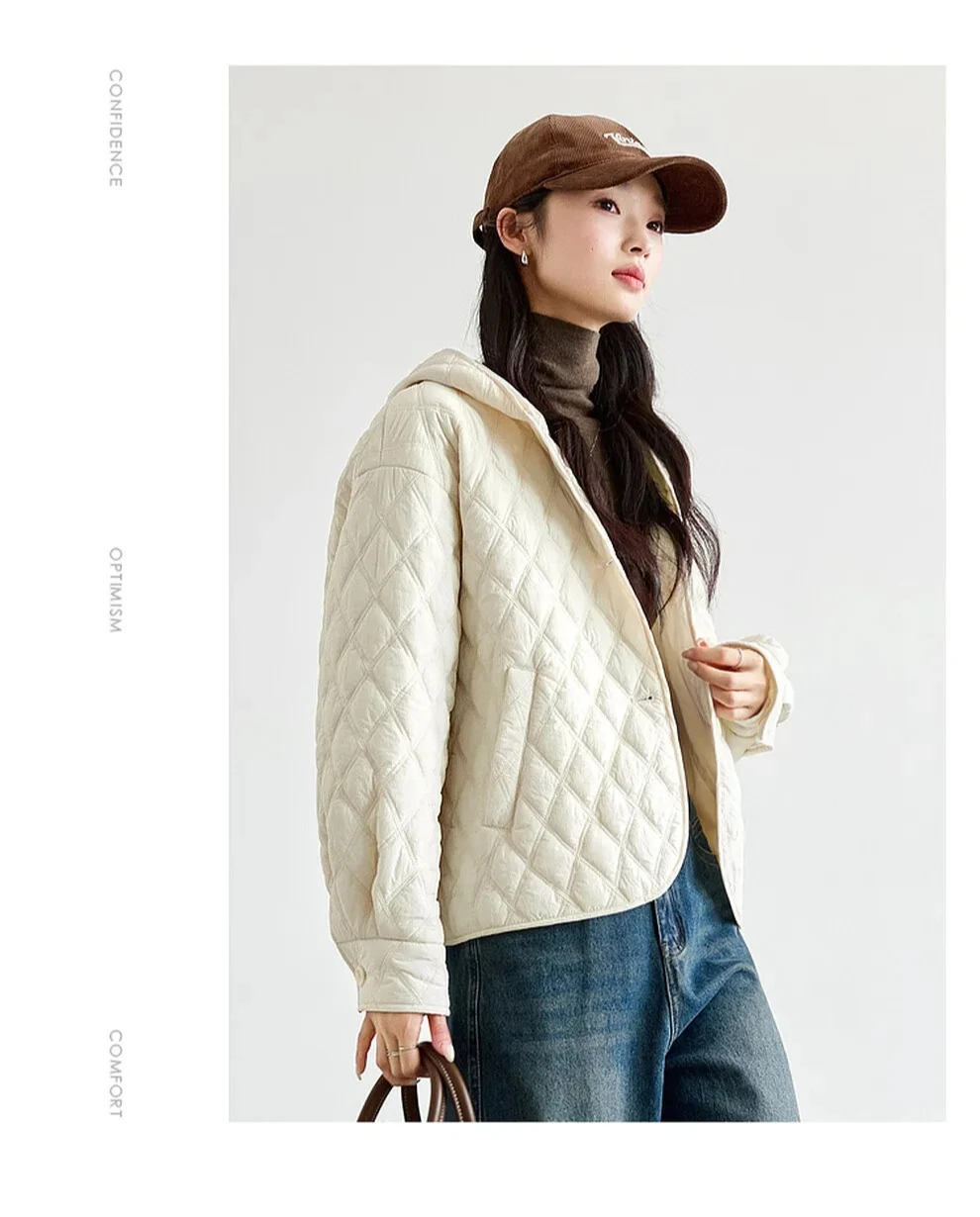 VIMLY Women's Beige Quilted Puffer Jackets Casual Long Sleeve Short Hooded Parkas Loose Pocket Coats 2026 Winter Clothes M9530