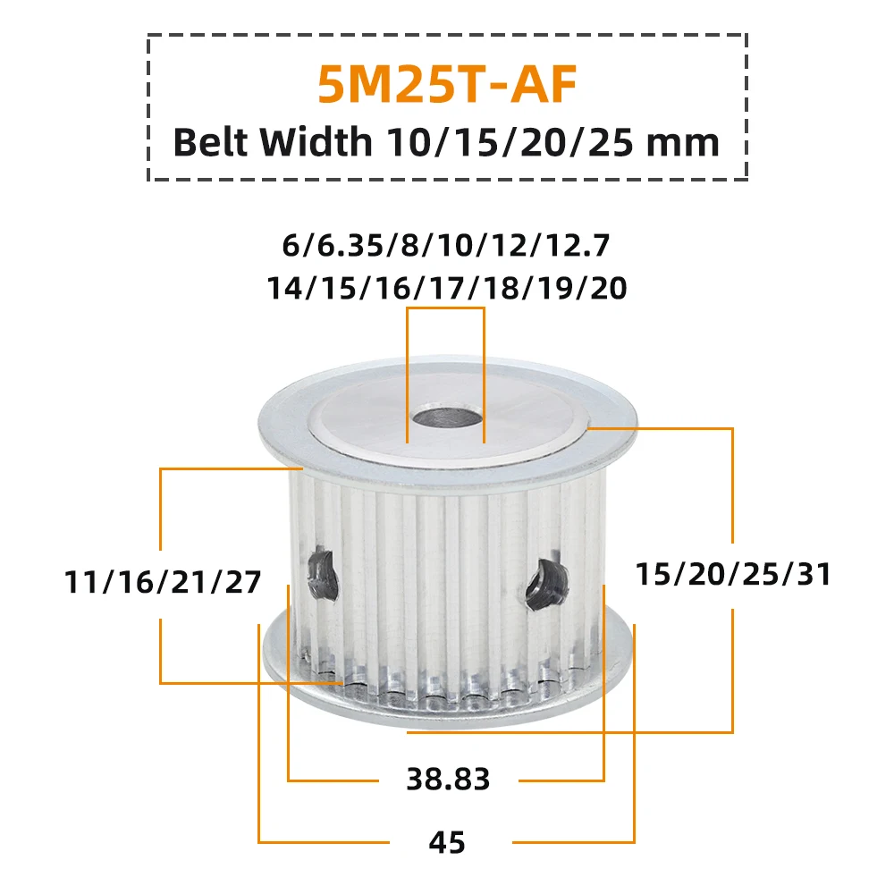 5M Type 25T Timing Pulley Aluminum alloy Inner Bore 8-22mm 25Teeth 5mm Pitch 11/16/21/26 mm width AF HTD5M Synchronous Pulley