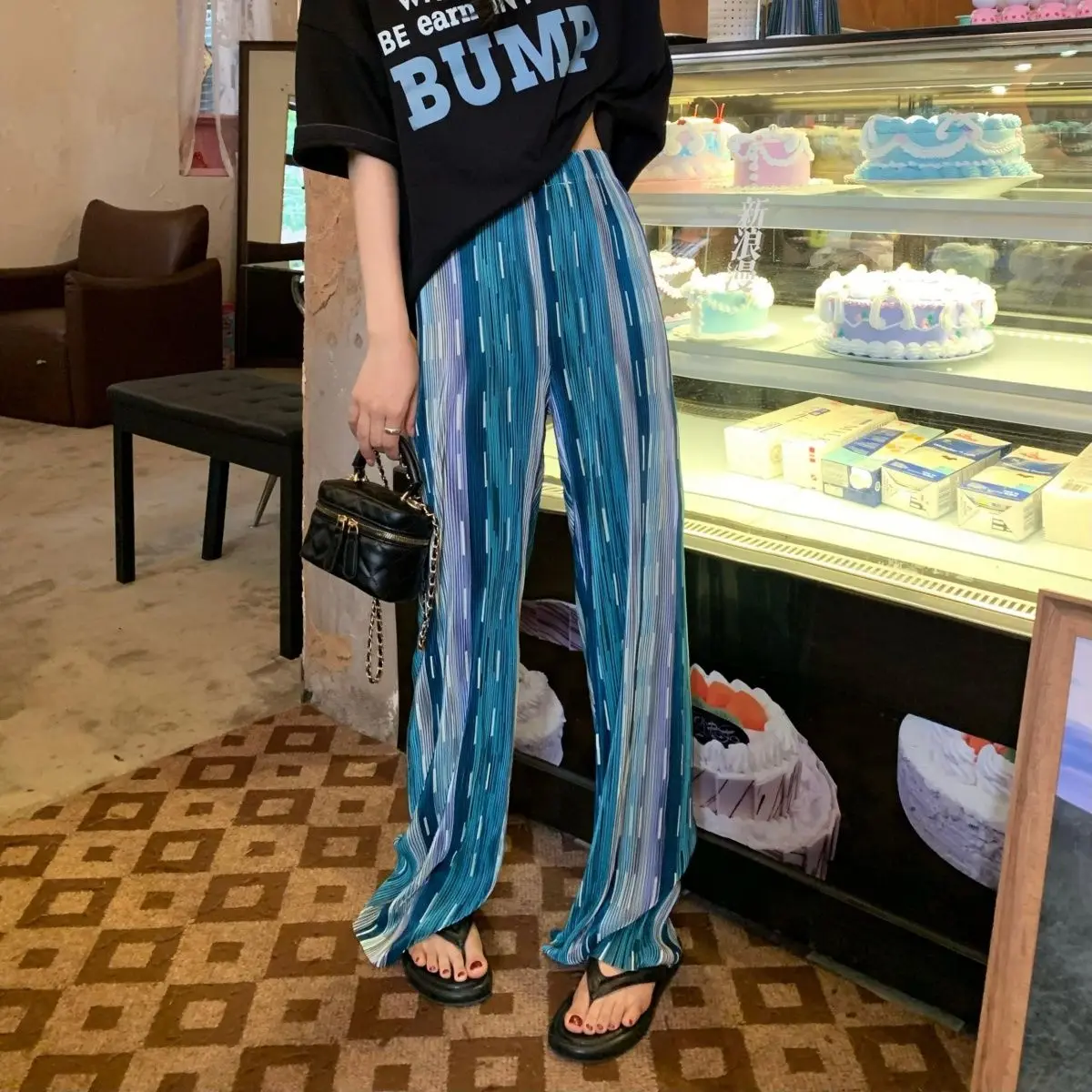 Pink themed niche wide leg pants for women in summer 2025, new high waisted striped casual outerwear straight leg pants