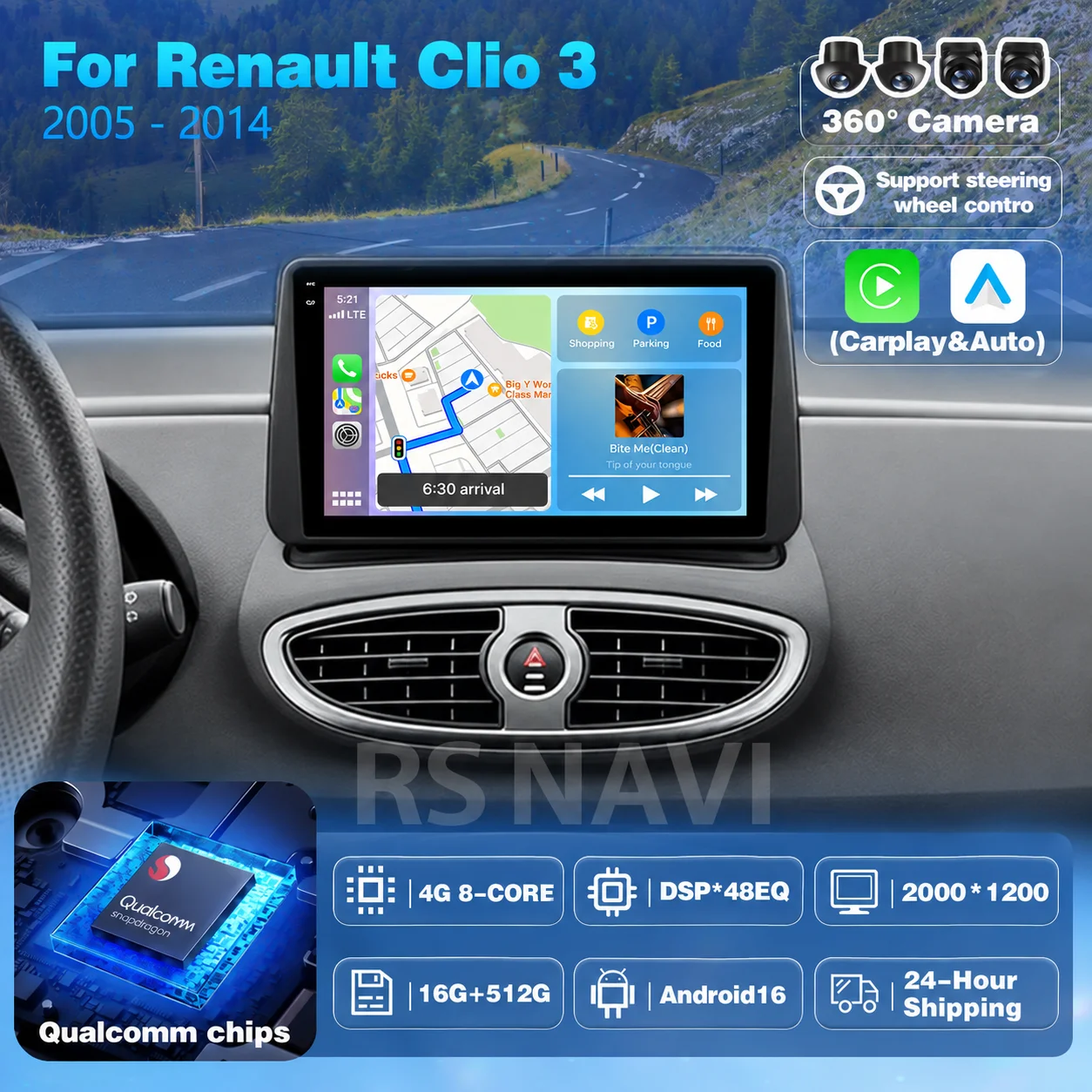 Plug and Play Android 16 Carplay Car Radio DSP For Renault Clio 3 CLIO 3 2005 2006 2007 - 2014 Qualcomm GPS Qualcomm Player 2DIN