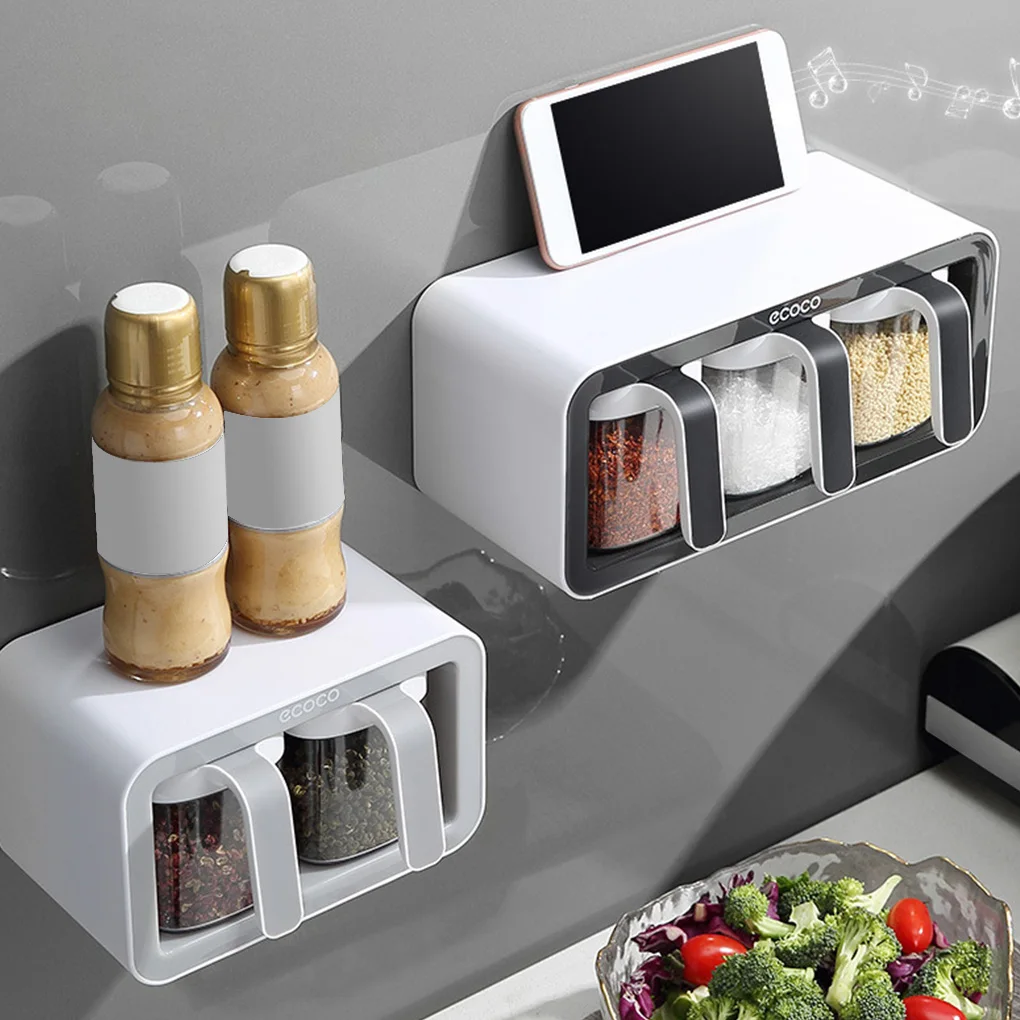 Imagem -02 - Wall Mount Spice Rack Organizador Sugar Bowl Salt Shaker Tempero Recipiente Caixas com Colheres Suprimentos de Armazenamento Acessório Copos