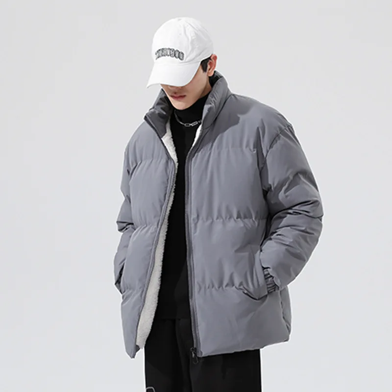 

Winter Men Plush Jacket Thicken Fleece Warm Stand Collar Man Coat Simple Solid Color Long Sleeve Loose Versatile Male Outerwear