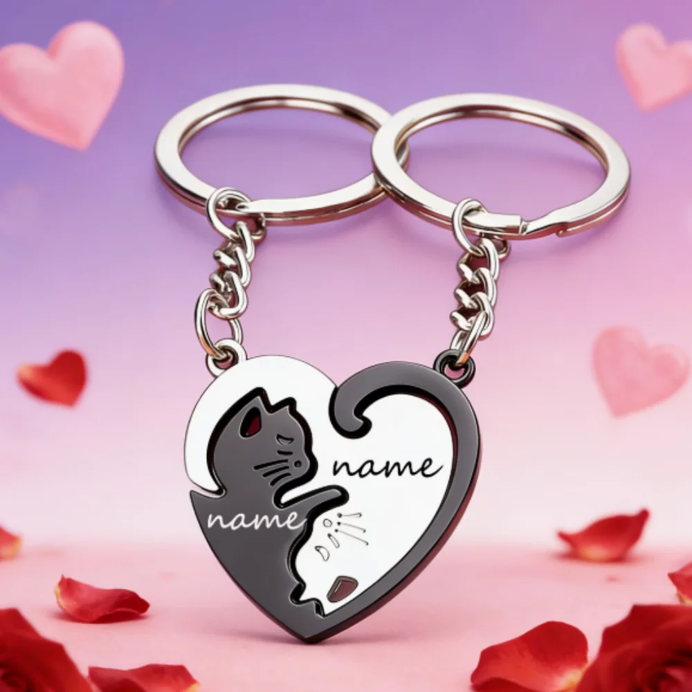Personalized Cat Love Couple Keychain Customized Name Split Love Cat Pendant Stainless Steel Pet Enthusiast Couple Ring